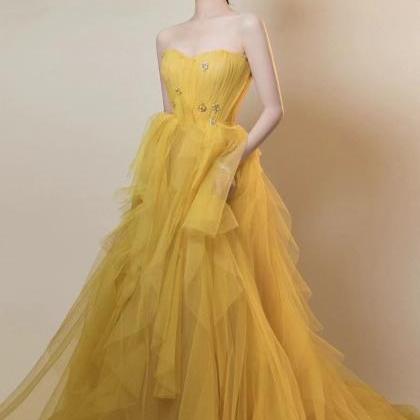 Strapless Prom Dress, Yellow Evening Dress,bright..