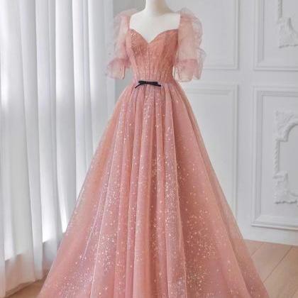 Pink Prom Gown , Off-shoulder Party Dress, Fariy..
