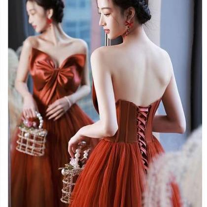 Brown Red Party Dress.strapless Evening Dress,cute..