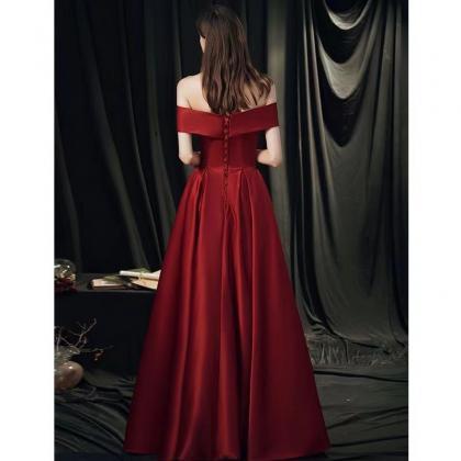 Off Shoulder Evening Dress, Red Party Dress, Satin..