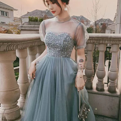 Blue Prom Dress, Cute Party Dress,high Neck..