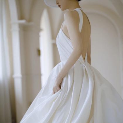 Satin Light Wedding Dress, Halter Neck Bridal..