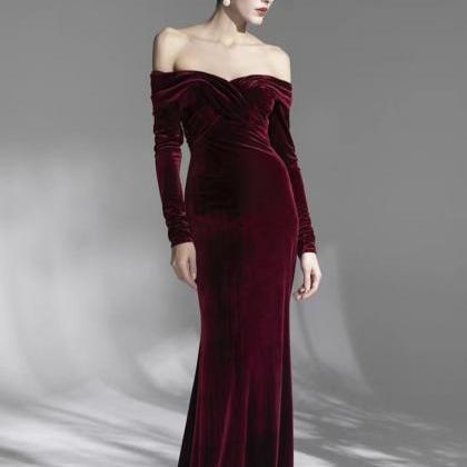 Long Sleeve Evening Dress,burgundy Prom Dress..