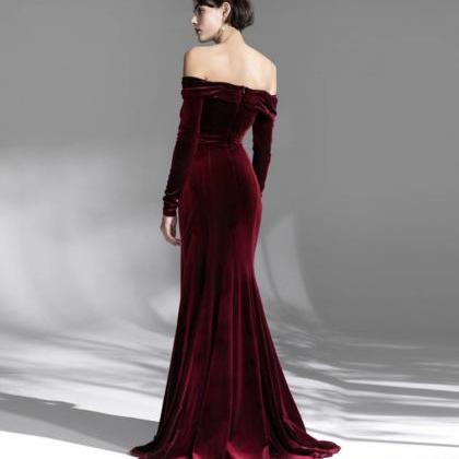 Long Sleeve Evening Dress,burgundy Prom Dress..