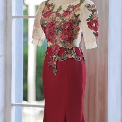 Long Sleeve Formal Dress With Applique,red Prom..