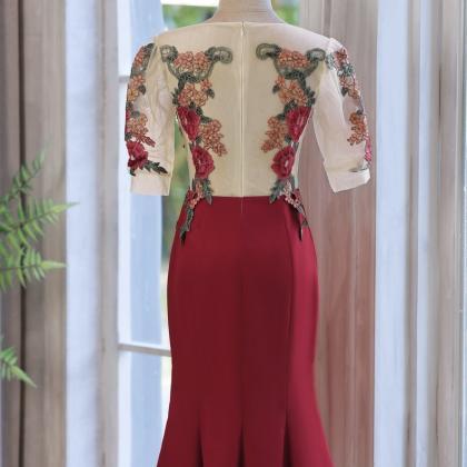Long Sleeve Formal Dress With Applique,red Prom..