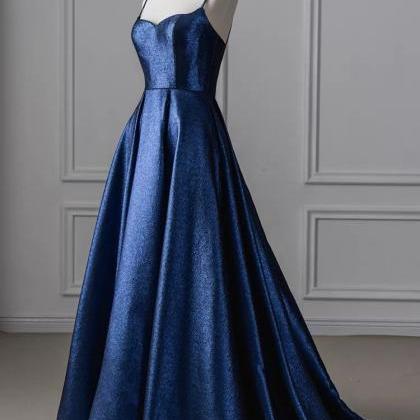 Blue Evening Dress,spaghetti Strap Shiny Prom..