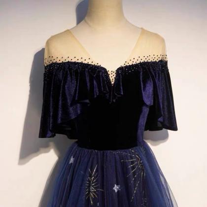Navy Blue Formal Dress,elegant Prom Dress, V-neck..