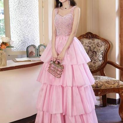 Pink Evening Dress, Cute Party Dress, Sleeveless..