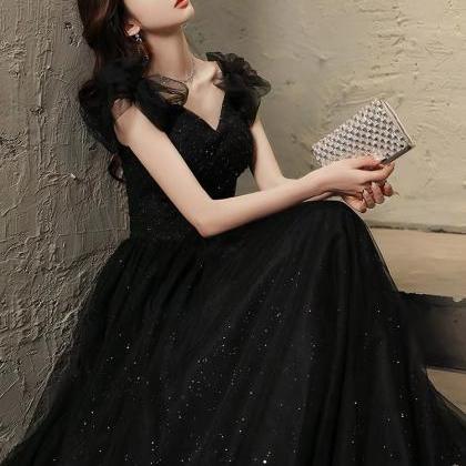 V-neck Prom Dress,black Evening Dress,glitter..