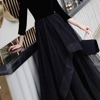 V-neck Prom Dress,black Evening Dress,long Sleeve..
