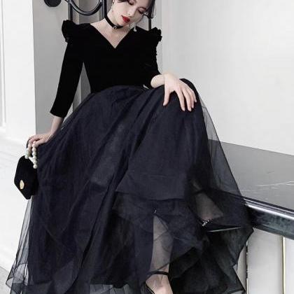 V-neck Prom Dress,black Evening Dress,long Sleeve..