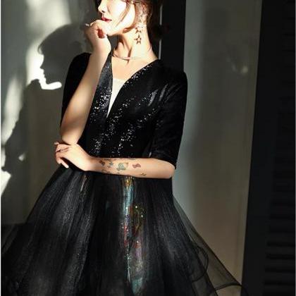Black Party Dress, Elegant Prom Dress, Mid Sleeve..
