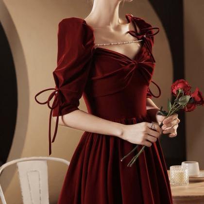Long Sleeve Party Dress, Velvet Burgundy Dress..