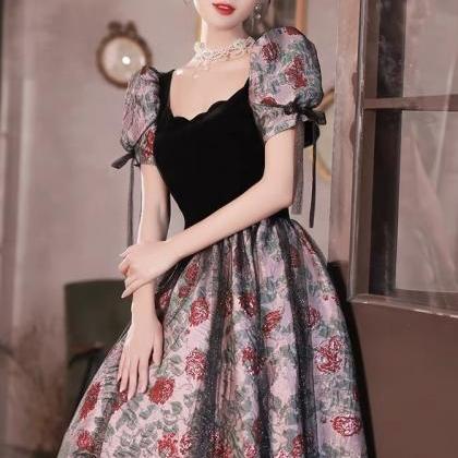 Square Collar Evening Gown, Black Dress, Floral..