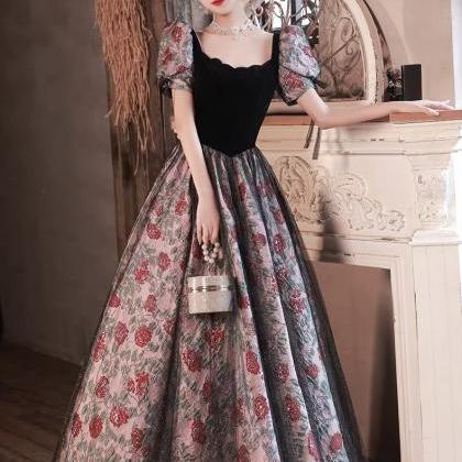 Square Collar Evening Gown, Black Dress, Floral..