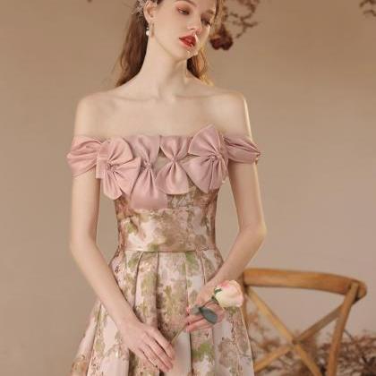 Off Shoulder Bridesmaid Dress, Pink Floral Dress ,..
