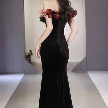 Off Shoulder Party Dress, Velvet Black Dress..