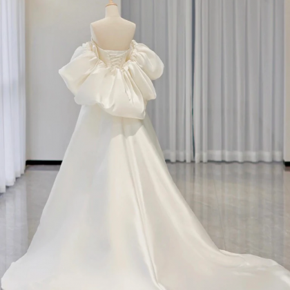 White A-line Satin Long Prom Dress, White Satin..