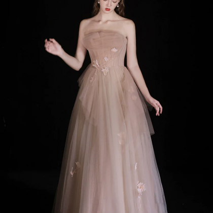 Champagne A-line Tulle Long Prom Dress, Champagne..