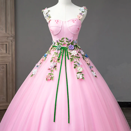 Pink Tulle Flower Long Prom Dresses, Cute..