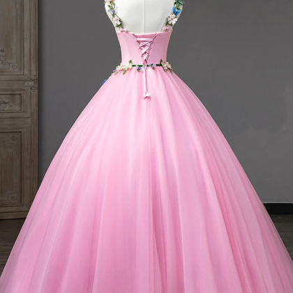 Pink Tulle Flower Long Prom Dresses, Cute..