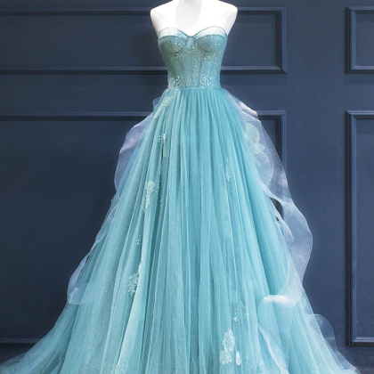 Green Lace Tulle A-line Long Formal Dress, Green..