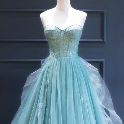 Green Lace Tulle A-line Long Formal Dress, Green..