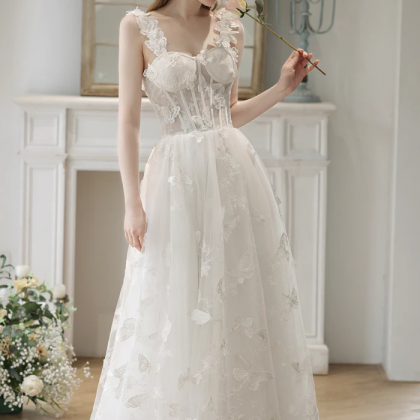 White Lace With Butterflies Long Formal Dress,..