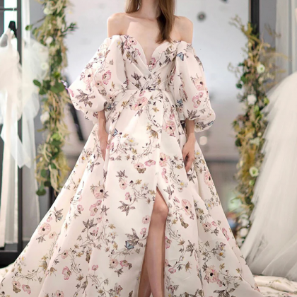 Stylish Printed Pattern Long Prom Dress, White..