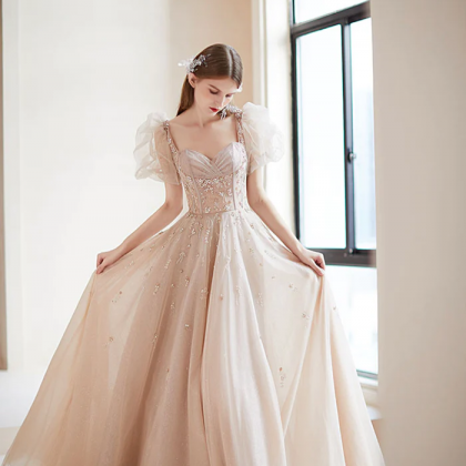 Champagne Tulle Long Prom Dress With Beaded, Cute..