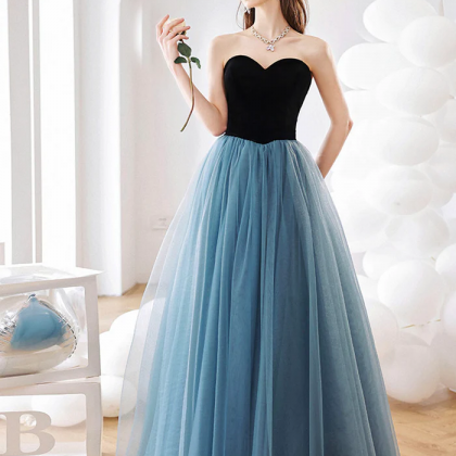 Blue Strapless Tulle Long Prom Dress, Blue A-line..