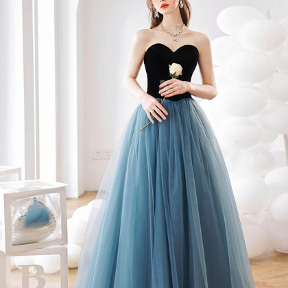 Blue Strapless Tulle Long Prom Dress, Blue A-line..