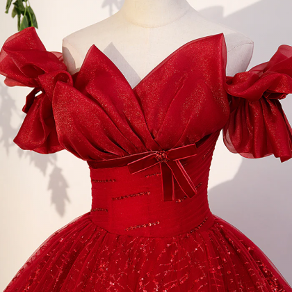 Radiant Red Sequined Ball Gown With Puffed Sleeves