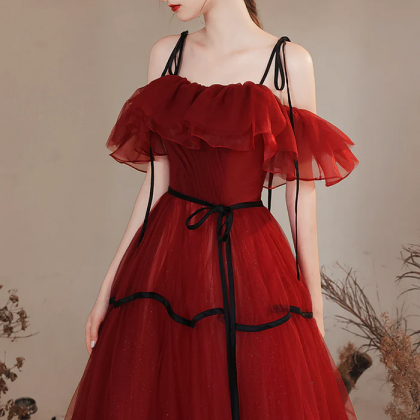 Velvet Trimmed Red Tulle Dress