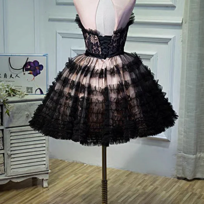 Black Tulle Lace Short Prom Dress, A-line Black..