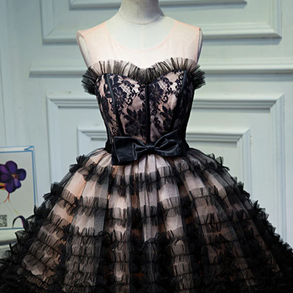 Black Tulle Lace Short Prom Dress, A-line Black..