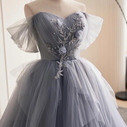 Gray Tulle Long Prom Dress, Off Shoulder Evening..