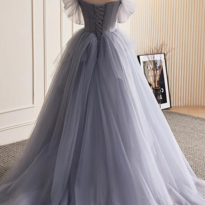 Gray Tulle Long Prom Dress, Off Shoulder Evening..