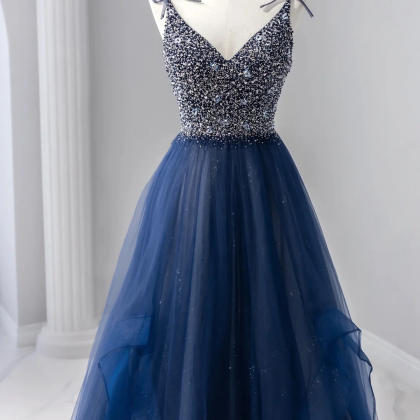 Blue Tulle Beaded Long Prom Dress, A-line..