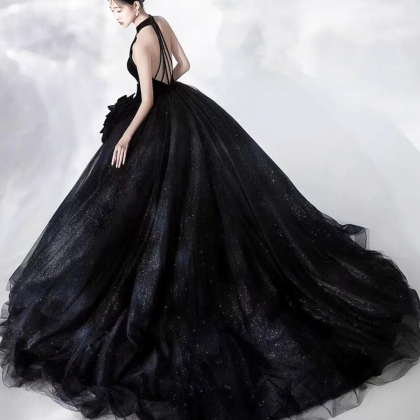 Black Halter Shiny Tulle Long Ball Gown, Black..