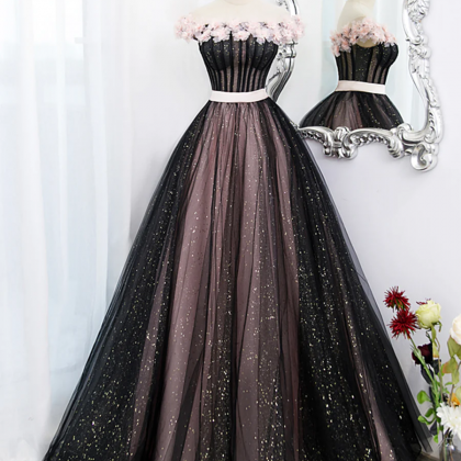 Black Tulle And Pink Flowers Party Dress, Black..