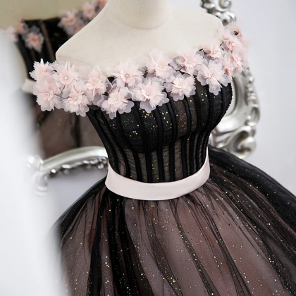 Black Tulle And Pink Flowers Party Dress, Black..