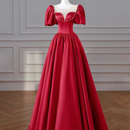 Elegant Ruby Red Satin Ball Gown With Pearl..