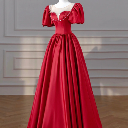 Elegant Ruby Red Satin Ball Gown With Pearl..