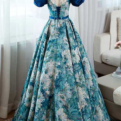 Elegant Floral Ball Gown With Puffed Sleeves