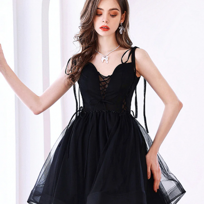Black Tulle Short A-line Prom Dress, Black Evening..