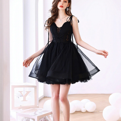 Black Tulle Short A-line Prom Dress, Black Evening..