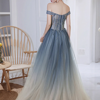Blue Gradient Beaded Tulle Long Formal Dress, Blue..