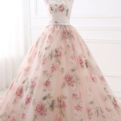 Pink Floral Pattern Lace Long Prom Dress, A-line..